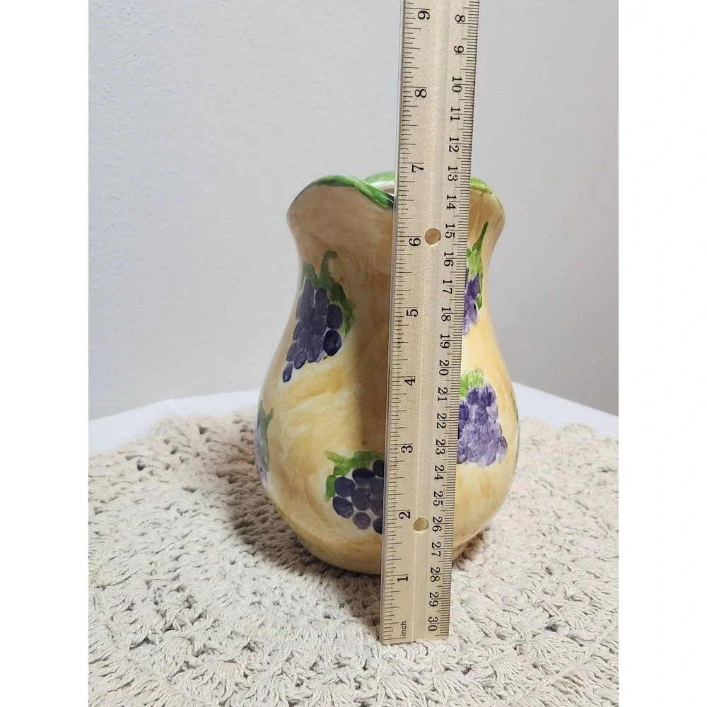 Hand Painted Ceramic Grape Pitcher Yellow Purple Artisan Signed 2020 Cottagecore